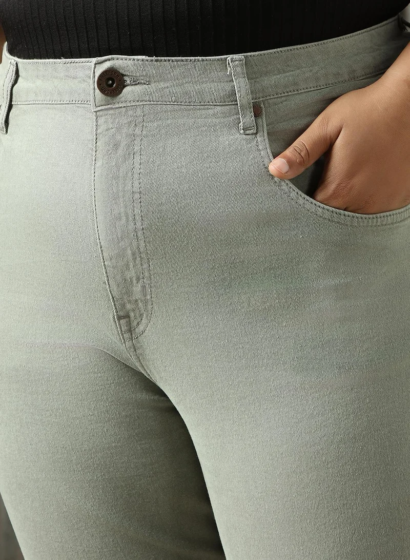 هاي ستار Women's Grey Cotton Blend Distressed Plus Size Jeans