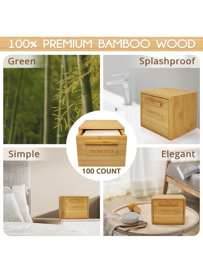 WOWOTEX Luxe Bamboo Towel Container (Bamboo Box Towel Holder) with Disposable Face Towel Biodegradable Large Dry Face Wipes 100 Count Extra Thick Soft Clean Facial Towels for Facial Cleansing - Image 2