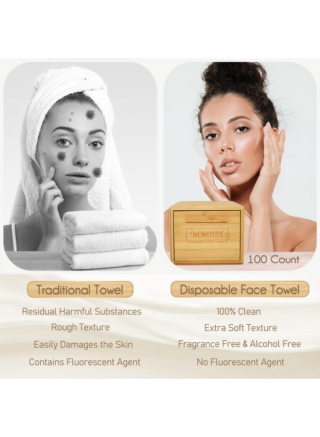 WOWOTEX Luxe Bamboo Towel Container (Bamboo Box Towel Holder) with Disposable Face Towel Biodegradable Large Dry Face Wipes 100 Count Extra Thick Soft Clean Facial Towels for Facial Cleansing - Image 3