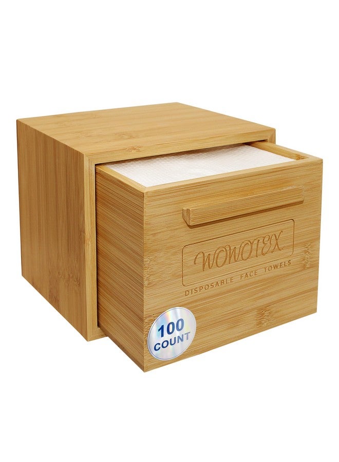 WOWOTEX Luxe Bamboo Towel Container (Bamboo Box Towel Holder) with Disposable Face Towel Biodegradable Large Dry Face Wipes 100 Count Extra Thick Soft Clean Facial Towels for Facial Cleansing - Image 1