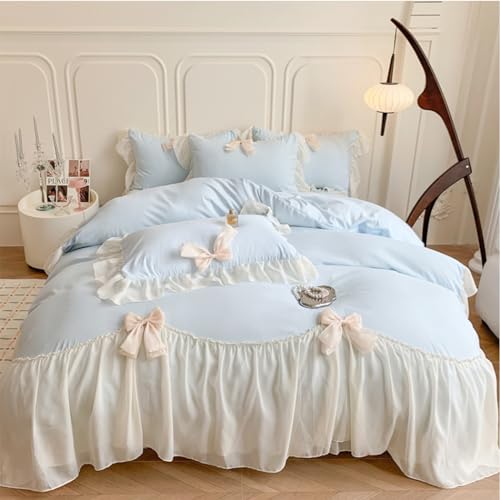 SOUKECHY Ruffled Bedding Bow Duvet Cover Set with Butterfly Tie Princess Style 1 Duvet Cover with 2 PillowcasesZipper Closure No ComforterBlueQueen Size - Image 1
