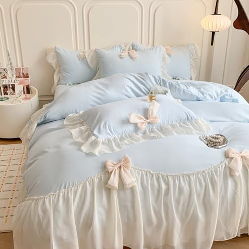 SOUKECHY Ruffled Bedding Bow Duvet Cover Set with Butterfly Tie Princess Style 1 Duvet Cover with 2 PillowcasesZipper Closure No ComforterBlueQueen Size - Image 3