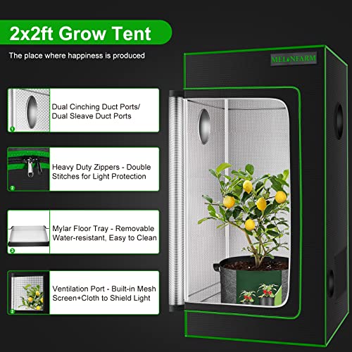 MELONFARM 2x2 Grow Tent, 24"x24"x36'' High Reflective 600D Diamond Mylar Canvas with Observation Window and Floor Tray for Hydroponic Indoor Plant Growing - Image 2