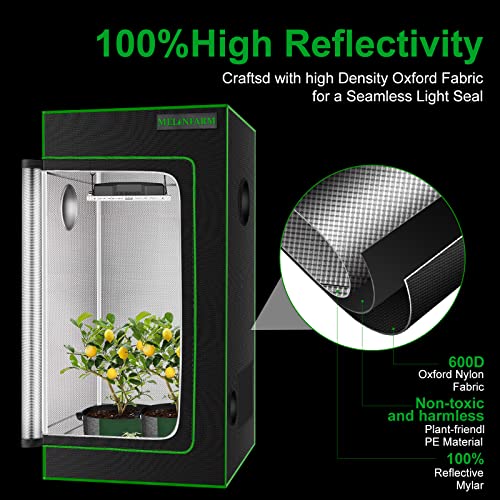 MELONFARM 2x2 Grow Tent, 24"x24"x36'' High Reflective 600D Diamond Mylar Canvas with Observation Window and Floor Tray for Hydroponic Indoor Plant Growing - Image 3