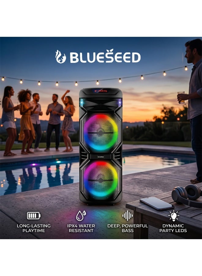 BLUESEED مكبر صوت حفلات BLUESEED BS-1002، مكبر صوت برج بلوتوث مزدوج 15.5 بوصة، بطارية 4500mAh 7.4V، أضواء RGB LED، ميكروفونين لاسلكيين، جهاز تحكم عن بعد، مكبر صوت لفعاليات كبيرة - Image 3