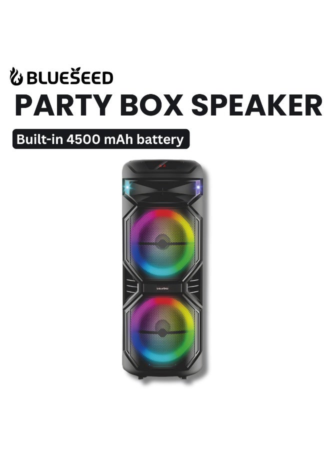 BLUESEED مكبر صوت حفلات BLUESEED BS-1002، مكبر صوت برج بلوتوث مزدوج 15.5 بوصة، بطارية 4500mAh 7.4V، أضواء RGB LED، ميكروفونين لاسلكيين، جهاز تحكم عن بعد، مكبر صوت لفعاليات كبيرة - Image 1