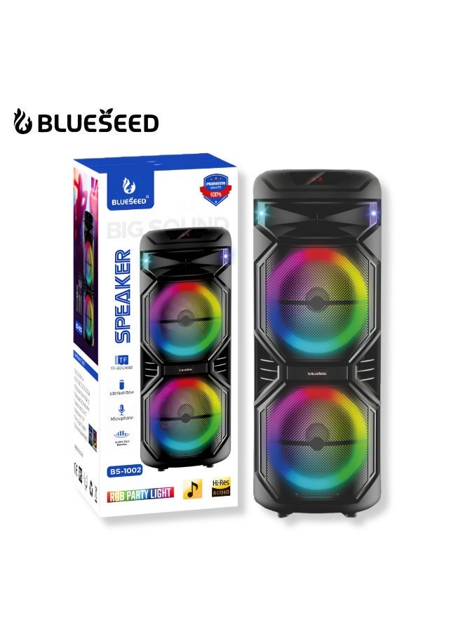 BLUESEED مكبر صوت حفلات BLUESEED BS-1002، مكبر صوت برج بلوتوث مزدوج 15.5 بوصة، بطارية 4500mAh 7.4V، أضواء RGB LED، ميكروفونين لاسلكيين، جهاز تحكم عن بعد، مكبر صوت لفعاليات كبيرة - Image 2