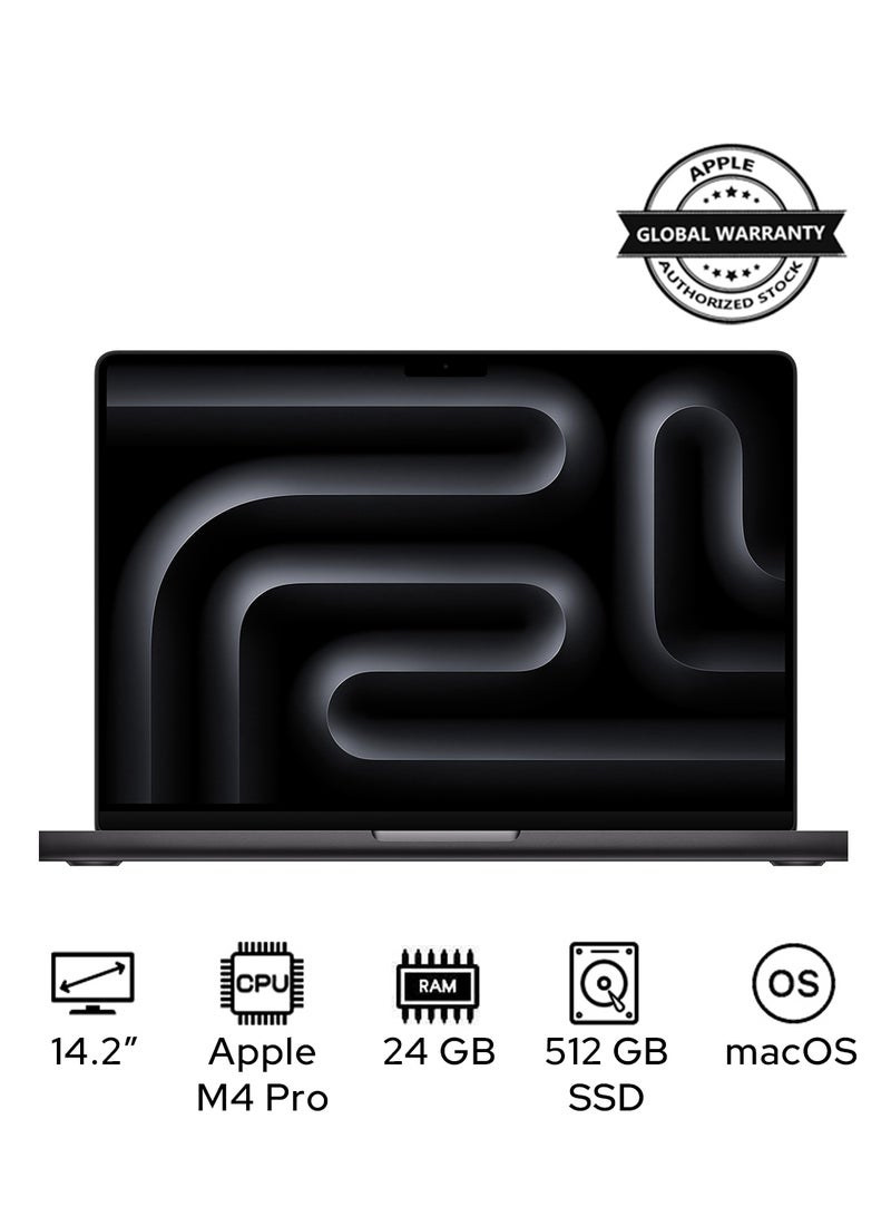 ابل  ماك بوك برو MX2H3 بشاشة 14.2 بوصة، معالج M4 Pro | معالج مركزي 12 نواة، معالج رسوميات 16 نواة | ذاكرة وصول عشوائي 24 جيجابايت | قرص صلب SSD بسعة 512 جيجابايت | نظام macOS | متوفر باللغتين الإنجليزية والعربية | لون أسود فضائي الإنجليزية/العربية - Image 1