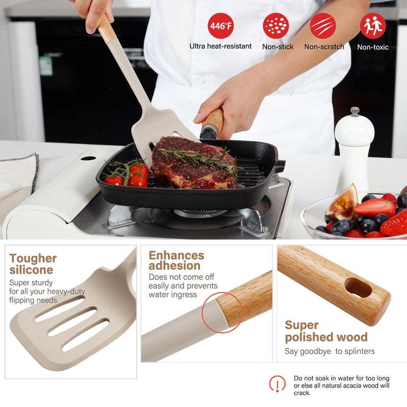 NCUE Kitchen Utensils Set, Large Non-stick Silicone Cooking Utensils Set 6 Pcs, Wooden Handle Heat Resistance Silicone Spatula Soup Ladle Pasta Server Kitchen Gadgets Utensils Set BPA Free (Khaki) - Image 2