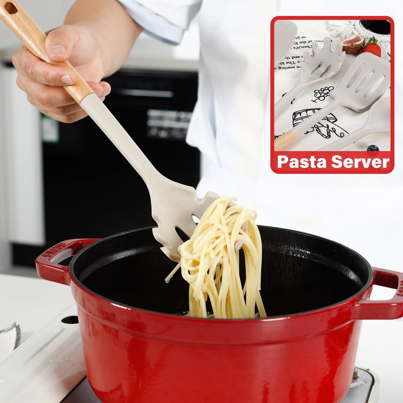 NCUE Kitchen Utensils Set, Large Non-stick Silicone Cooking Utensils Set 6 Pcs, Wooden Handle Heat Resistance Silicone Spatula Soup Ladle Pasta Server Kitchen Gadgets Utensils Set BPA Free (Khaki) - Image 3