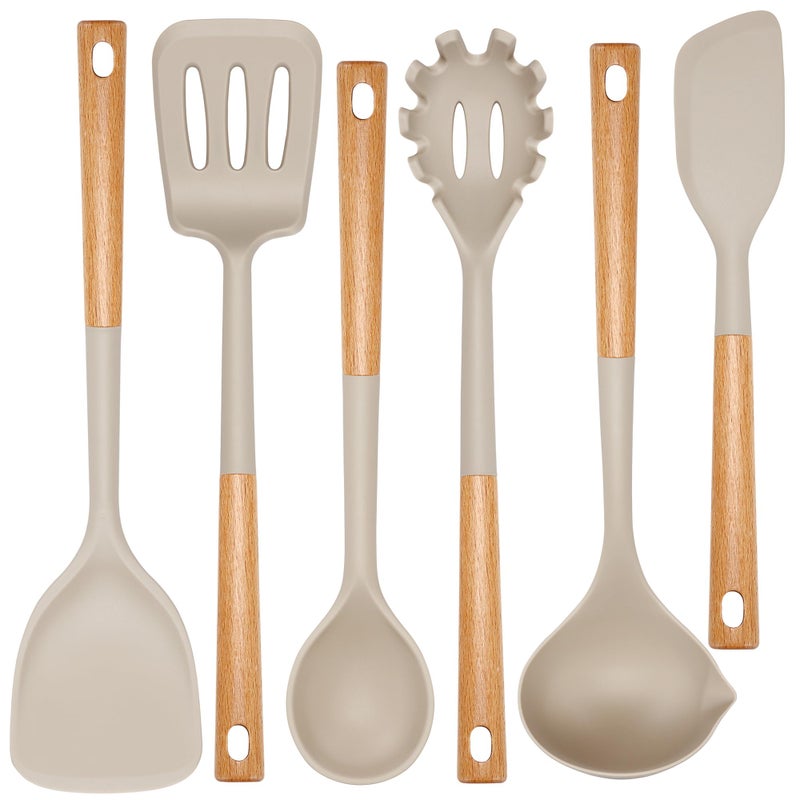 NCUE Kitchen Utensils Set, Large Non-stick Silicone Cooking Utensils Set 6 Pcs, Wooden Handle Heat Resistance Silicone Spatula Soup Ladle Pasta Server Kitchen Gadgets Utensils Set BPA Free (Khaki) - Image 1