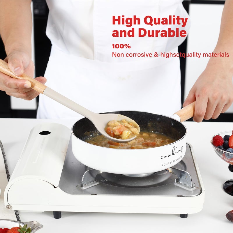 NCUE Kitchen Utensils Set, Large Non-stick Silicone Cooking Utensils Set 6 Pcs, Wooden Handle Heat Resistance Silicone Spatula Soup Ladle Pasta Server Kitchen Gadgets Utensils Set BPA Free (Khaki) - Image 5