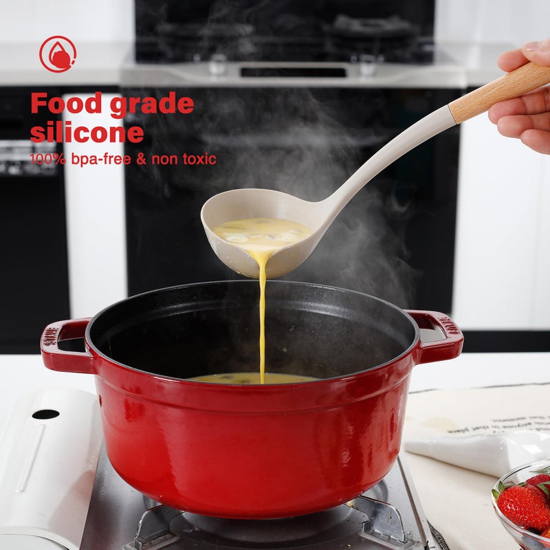 NCUE Kitchen Utensils Set, Large Non-stick Silicone Cooking Utensils Set 6 Pcs, Wooden Handle Heat Resistance Silicone Spatula Soup Ladle Pasta Server Kitchen Gadgets Utensils Set BPA Free (Khaki) - Image 4