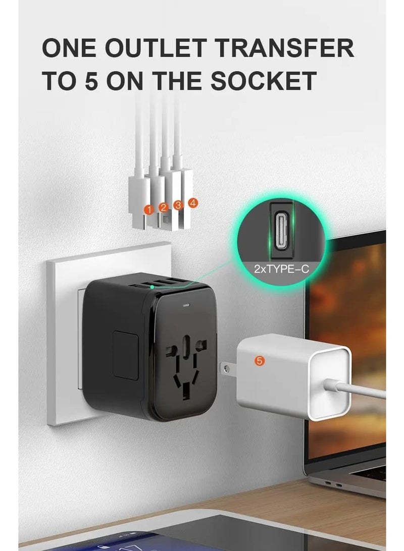 محول طاقة عالمي للسفر، محول قابس سفر أوروبي 5 في 1 مع شاحن حائط 3.5 أمبير، 2 منفذ USB-A و2 منفذ USB C، ومنفذ تيار متردد عالمي لأوروبا والولايات المتحدة والمملكة المتحدة وأستراليا وآسيا، أسود - Image 2