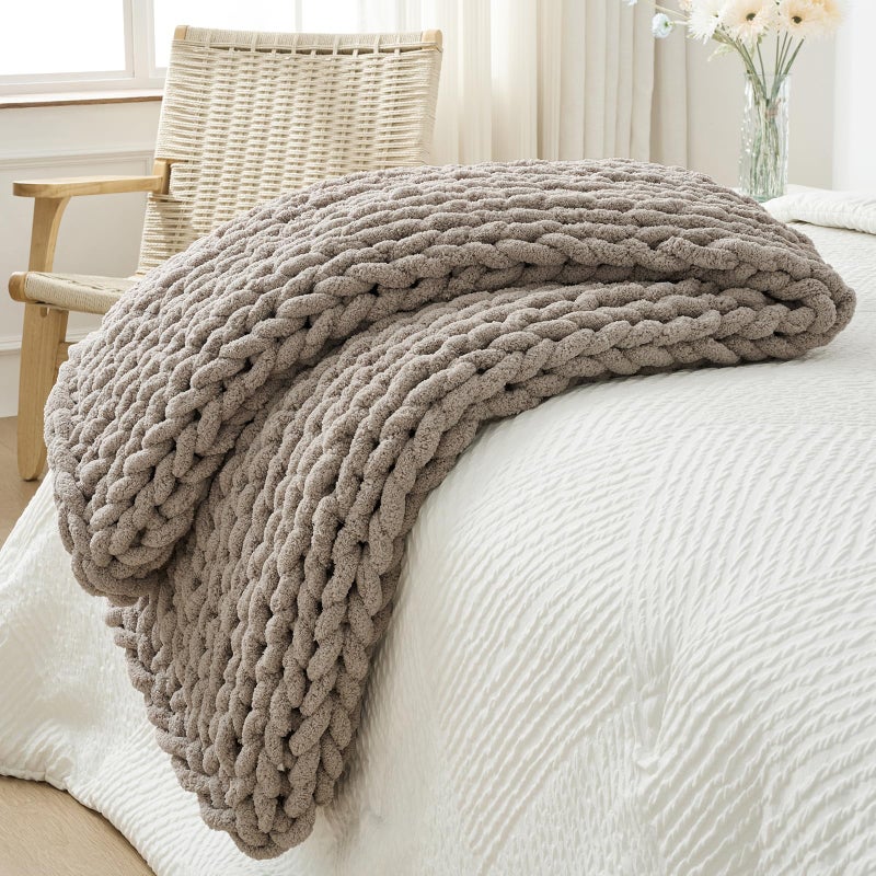 Bigacogo Chunky Knit Throw Blanket for Couch, 40x60 inches, 100% Hand Knitted with Thick Jumbo Chenille Yarn, Cozy Soft Large Rope Knot Cable Crochet Blankets for Sofa Bed Living Room, Taupe - Image 1