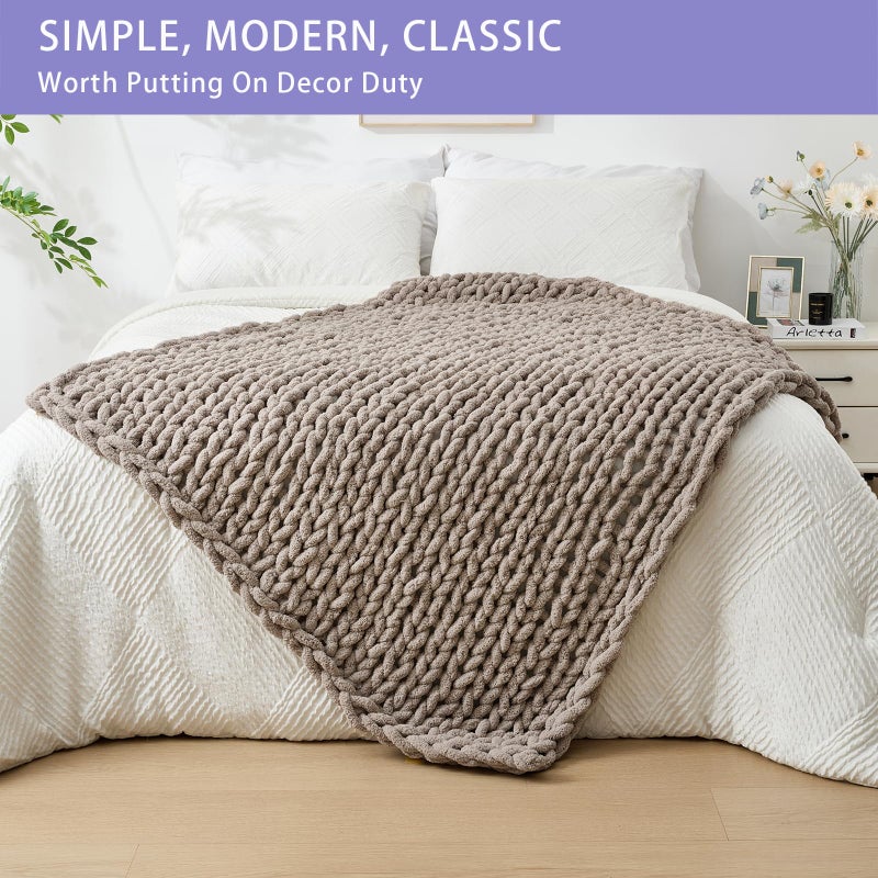 Bigacogo Chunky Knit Throw Blanket for Couch, 40x60 inches, 100% Hand Knitted with Thick Jumbo Chenille Yarn, Cozy Soft Large Rope Knot Cable Crochet Blankets for Sofa Bed Living Room, Taupe - Image 3