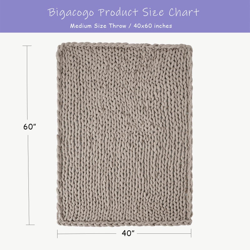 Bigacogo Chunky Knit Throw Blanket for Couch, 40x60 inches, 100% Hand Knitted with Thick Jumbo Chenille Yarn, Cozy Soft Large Rope Knot Cable Crochet Blankets for Sofa Bed Living Room, Taupe - Image 2