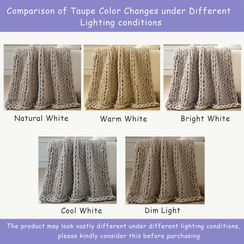 Bigacogo Chunky Knit Throw Blanket for Couch, 40x60 inches, 100% Hand Knitted with Thick Jumbo Chenille Yarn, Cozy Soft Large Rope Knot Cable Crochet Blankets for Sofa Bed Living Room, Taupe - Image 4