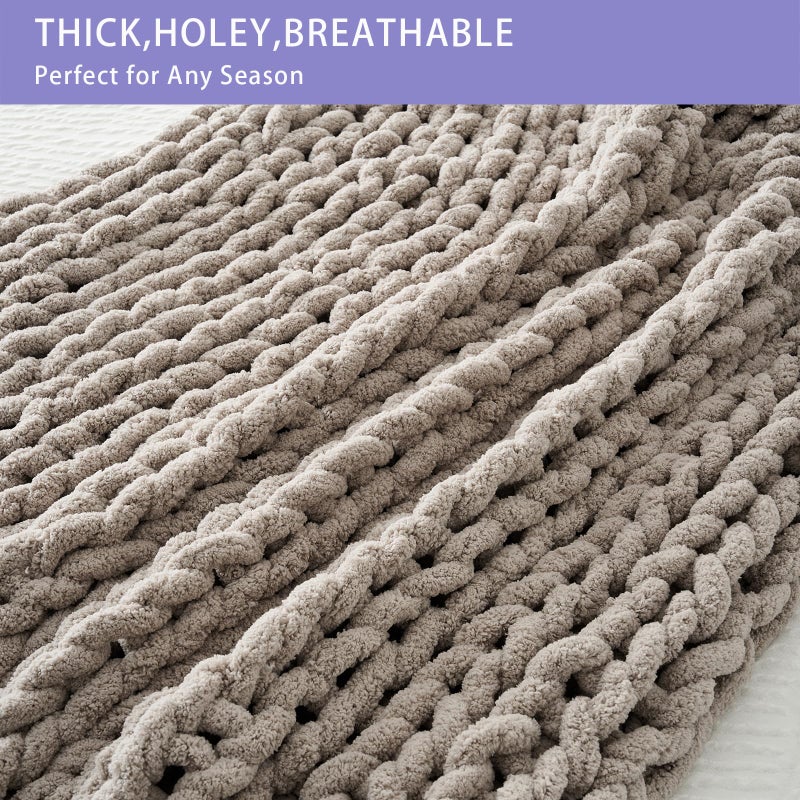 Bigacogo Chunky Knit Throw Blanket for Couch, 40x60 inches, 100% Hand Knitted with Thick Jumbo Chenille Yarn, Cozy Soft Large Rope Knot Cable Crochet Blankets for Sofa Bed Living Room, Taupe - Image 5