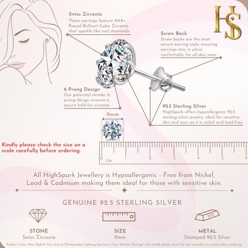HIGHSPARK 925 Silver Solitaire Screwback Stud Earrings | 92.5 Sterling Silver & Round Brilliant Cubic Zirconia Tops for Men Women | Silver 9mm - Image 2