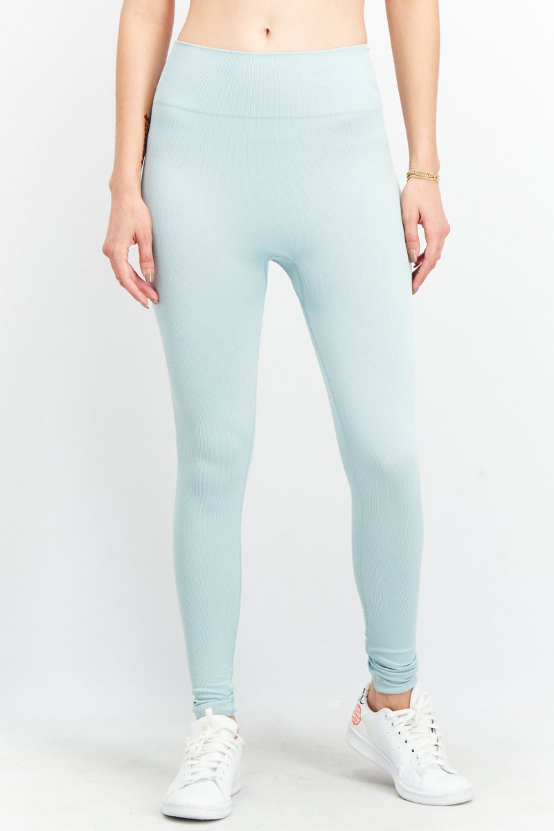 NA-KD Women High Waist Ribbed Tights, Sage Blue - Image 1