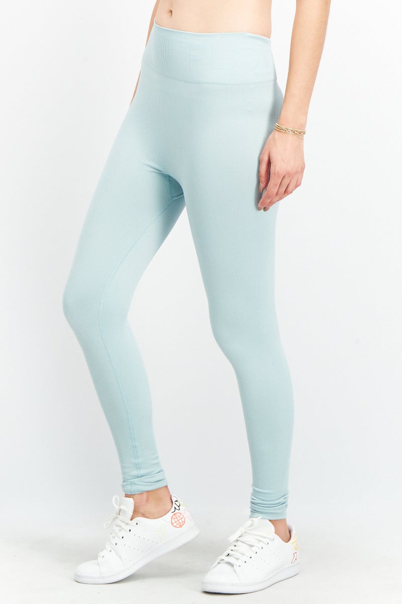 NA-KD Women High Waist Ribbed Tights, Sage Blue - Image 2
