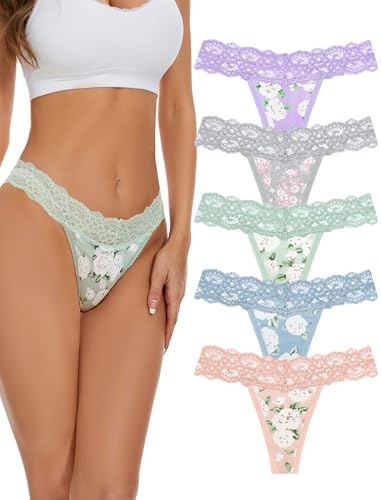 voenxe Seamless Lace Thongs for Women No Show Thong Underwear,Lady Breathable Comfort Panty Soft Laser Cut Undie,Tanga,5-Pack - Image 1