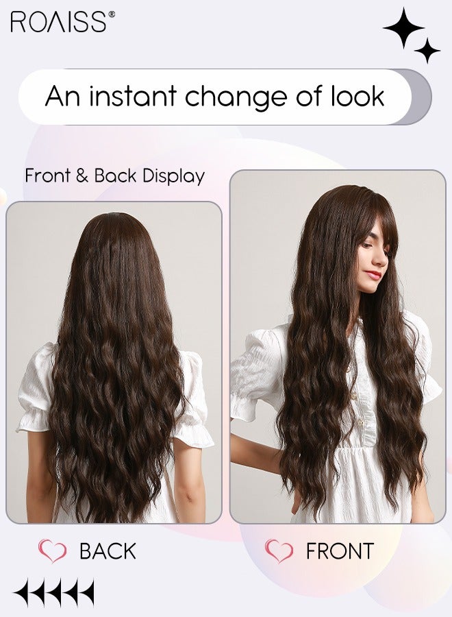 roaiss Long Wavy Wig with Bangs for Women, Natural Soft Synthetic Heat Resistant Hair Wig for Wedding Cosplay Party Daily Wear, Brown Black, 70cm (28 inches) - Image 2