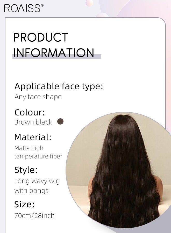 roaiss Long Wavy Wig with Bangs for Women, Natural Soft Synthetic Heat Resistant Hair Wig for Wedding Cosplay Party Daily Wear, Brown Black, 70cm (28 inches) - Image 3