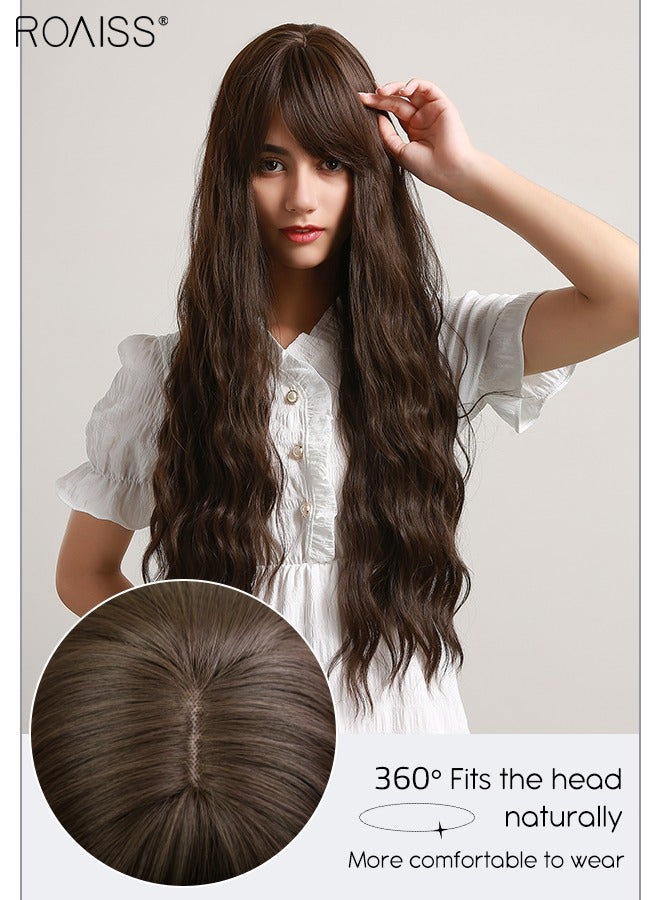roaiss Long Wavy Wig with Bangs for Women, Natural Soft Synthetic Heat Resistant Hair Wig for Wedding Cosplay Party Daily Wear, Brown Black, 70cm (28 inches) - Image 4