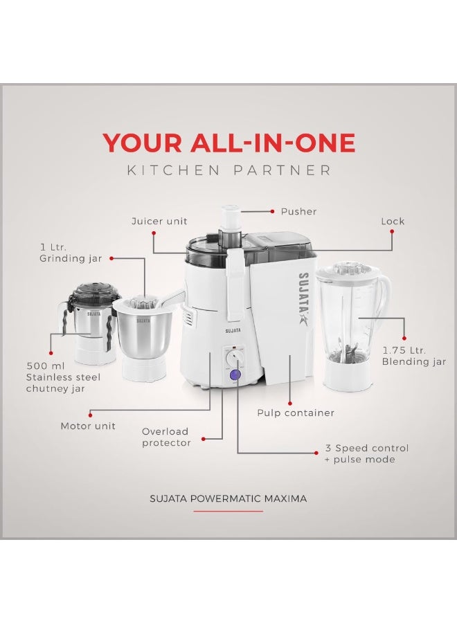 Sujata Powermatic Maxima Juicer Mixer Grinder|900 Watts Double Ball Bearing Motor|22000 RPM|Non-Stop 90 Mins Running|3 Jars including 1750ml Blender, 1000ml Grinder, 500ml Chutney Jar| (White) - Image 3