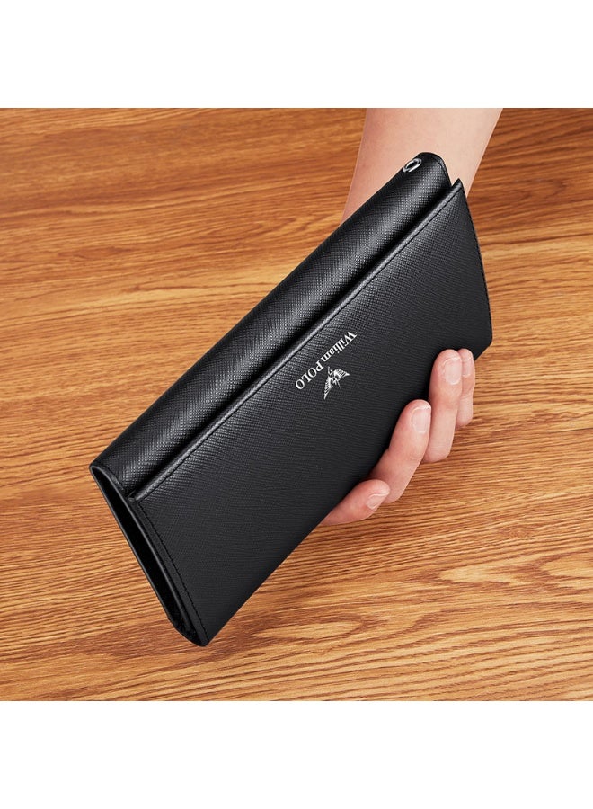 ويليامبولو محفظة جلدية طويلة للرجال WilliamPolo مع ثلاثة أضعاف متعددة الوظائف طبقة رأس جلد محفظة الأعمال العادية - Image 5