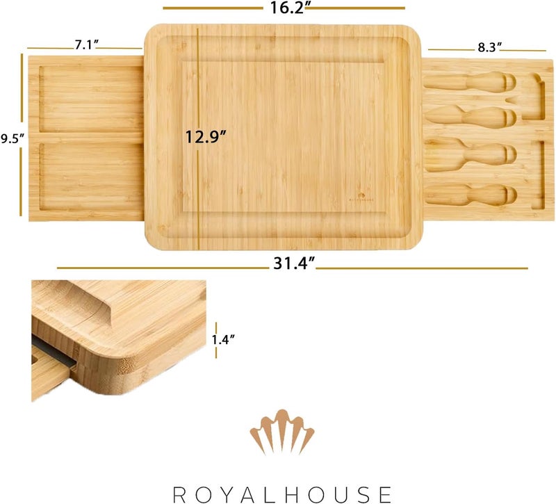 RoyalHouse مجموعة لوح الجبن والسكاكين الفريدة من رويال هاوس من الخيزران مع درجين للسكاكين قابلين للسحب مجموعة ألواح الشاركوتيري صينية الجبن هدية مثالية لذكرى الزواج وحفلات الزفاف وانتقال المنزل - Image 3
