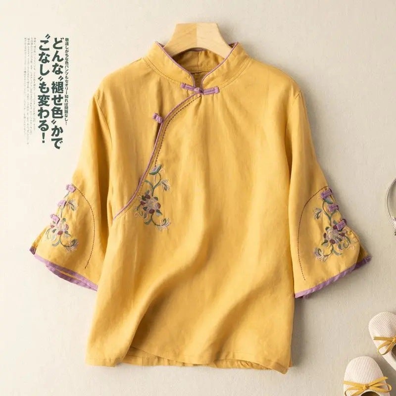 Chinese Style Retro Cotton And Linen Three-Quarter Sleeve Shirt With Crossbody Buckle Spring And Loose Stand Collar Plus Size Embroidered Top - Image 1