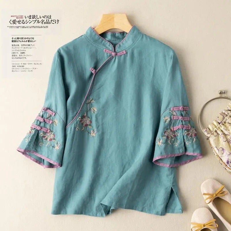 Chinese Style Retro Cotton And Linen Three-Quarter Sleeve Shirt With Crossbody Buckle Spring And Loose Stand Collar Plus Size Embroidered Top - Image 3