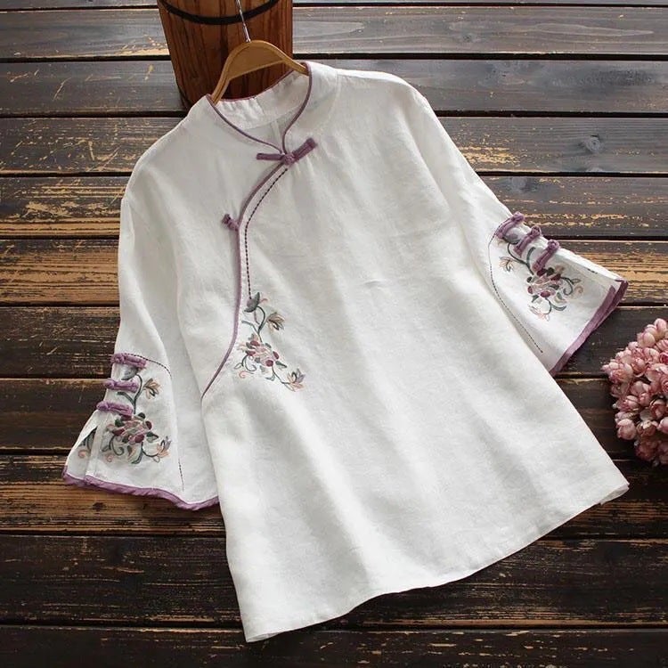Chinese Style Retro Cotton And Linen Three-Quarter Sleeve Shirt With Crossbody Buckle Spring And Loose Stand Collar Plus Size Embroidered Top - Image 5