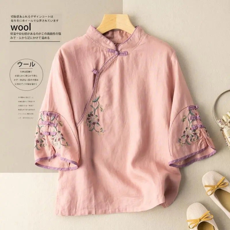 Chinese Style Retro Cotton And Linen Three-Quarter Sleeve Shirt With Crossbody Buckle Spring And Loose Stand Collar Plus Size Embroidered Top - Image 2