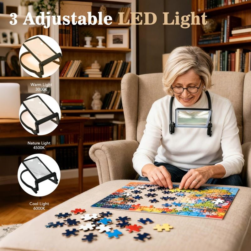 Hands-Free Neck Magnifier: Black 22.5*18.3*3.2cm, 3X Magnification - 3-Color Adjustable LED Light, 500mAh Battery for Elderly Reading, Low Vision, Crafts & Repair Work - Image 2