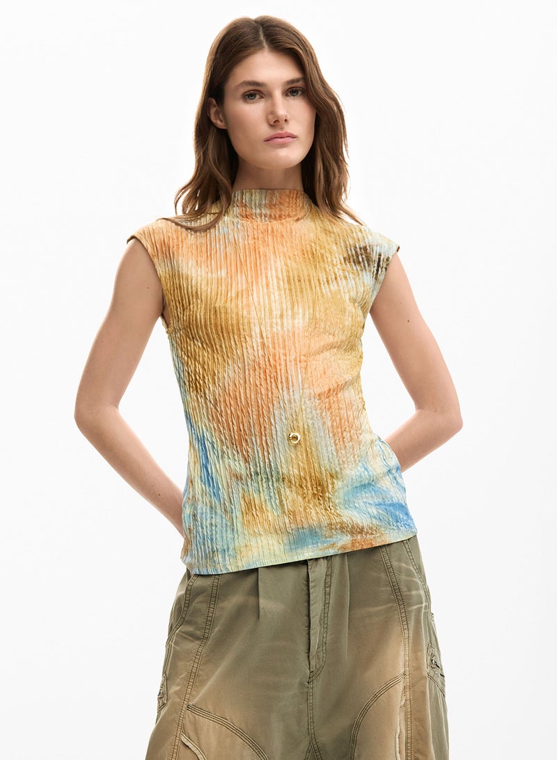 DESIGUAL Fitted Short-Sleeved T-Shirt Made Of Textured Fabric With An Abstract Print. - Image 1