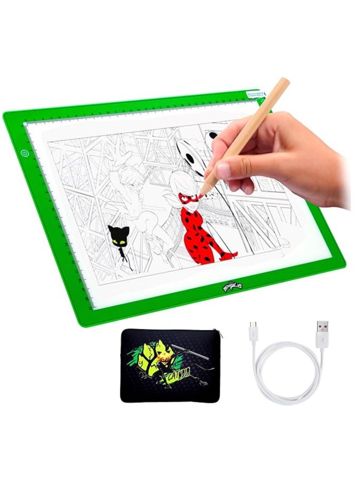 Miraculous Miraculous Cat Noir A4 LED Light Pad Drawing Kit for Kids – USB Art Set with Brightness Control, Black & Green Case & Tracing Pages by Wyncor  - Image 1