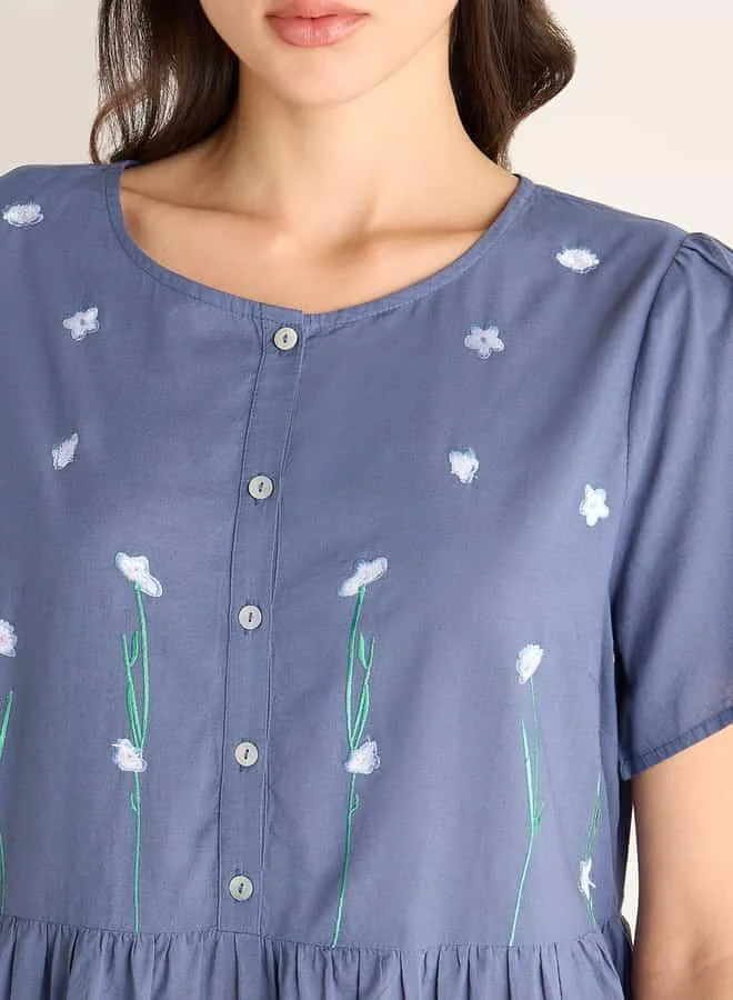 Splash FAV Embroidered Night Dress with Round Neck and Short Sleeves