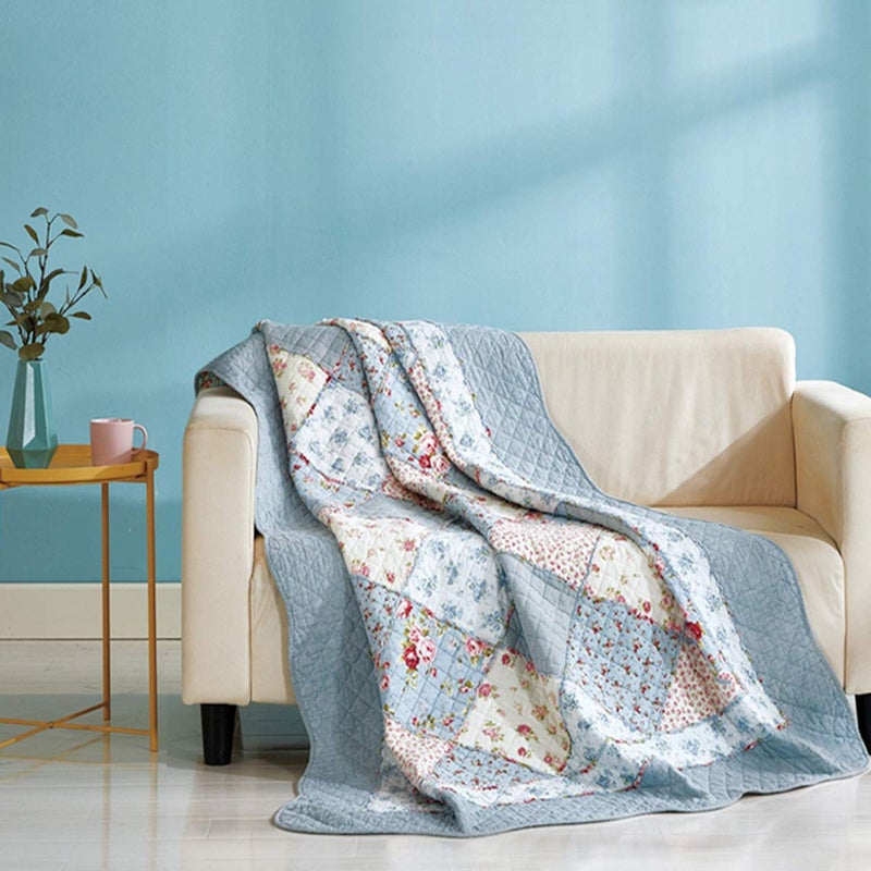 Cozyholy Original 100% Cotton Quilt Twin Size Blue Floral Patchwork Quilted Throw Blanket, Reversible Bedspread Coverlet Vintage Shabby Chic Bedding Quilt for Bed Couch Sofa - Image 2
