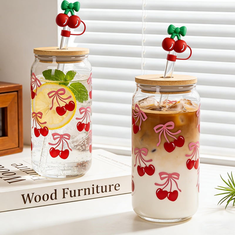 Mason Life Cherries Bows Glass Cups, 2Pcs 18OZ Cherry Decor Iced Coffee Cups, Coquette Cute Tumbler, Valentines Day Gift, Pink Preppy Stuff for Teen Girls, Birthday Gift for Women Her - Image 5