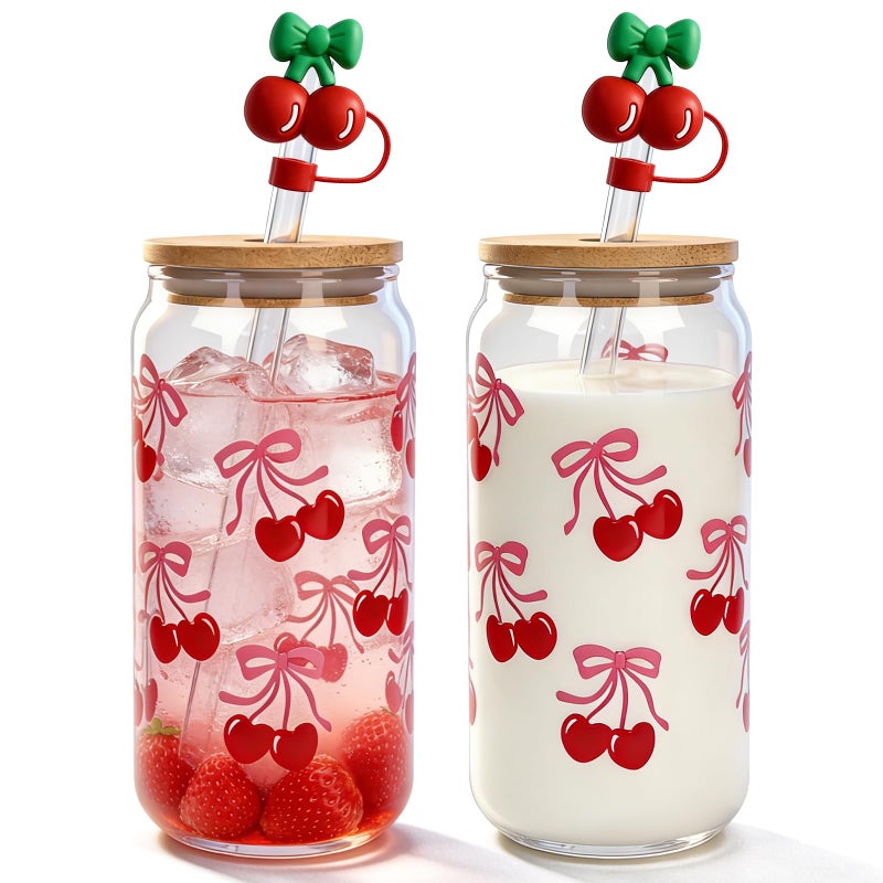 Mason Life Cherries Bows Glass Cups, 2Pcs 18OZ Cherry Decor Iced Coffee Cups, Coquette Cute Tumbler, Valentines Day Gift, Pink Preppy Stuff for Teen Girls, Birthday Gift for Women Her - Image 1