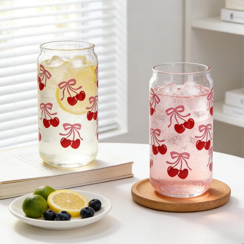 Mason Life Cherries Bows Glass Cups, 2Pcs 18OZ Cherry Decor Iced Coffee Cups, Coquette Cute Tumbler, Valentines Day Gift, Pink Preppy Stuff for Teen Girls, Birthday Gift for Women Her - Image 4