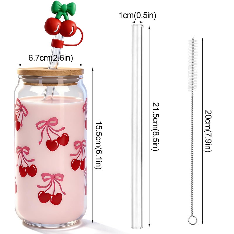 Mason Life Cherries Bows Glass Cups, 2Pcs 18OZ Cherry Decor Iced Coffee Cups, Coquette Cute Tumbler, Valentines Day Gift, Pink Preppy Stuff for Teen Girls, Birthday Gift for Women Her - Image 2