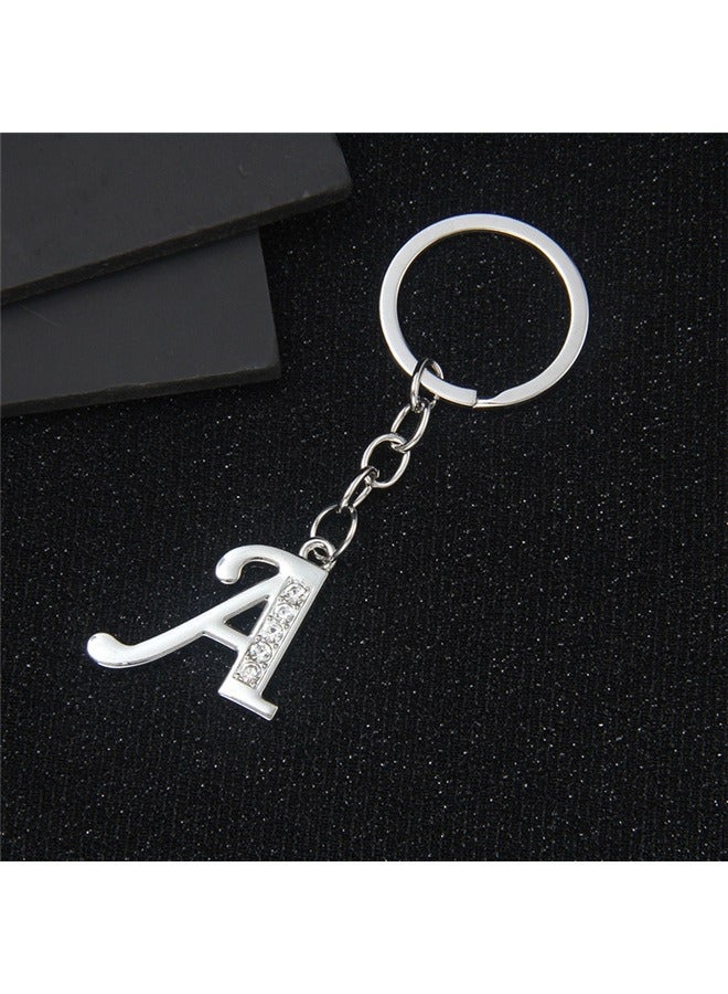 Generic Italics Alphabet Letter Metal Keychains with Crystal Stones for Car Bike Men Women Keyrings, Silver (Italic Letter A) - Image 1