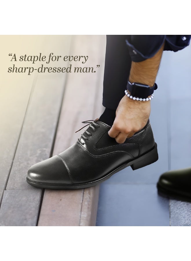 Mont Hawk Men’s Genuine Leather Milano Captoe Formal Shoes – Classic Lace-Up Business Dress Shoes for Office, Wedding & Party – Soft Cushioned TPR Sole (Black) - Image 3