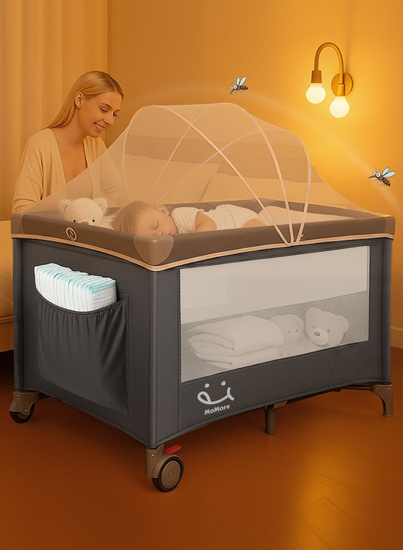 Momore Portable Baby Bed & Travel Cot, Foldable Grey Playpen Playard with Mosquito Net & Carry Bag, 3-in-1 Infant Crib for Travel, Home & Outdoor Use - 125cm (49.2in) x 65cm (25.6in) - Image 1