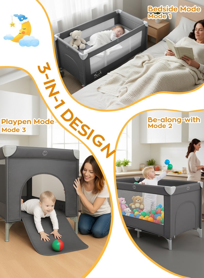 Momore Portable Baby Bed & Travel Cot, Foldable Grey Playpen Playard with Mosquito Net & Carry Bag, 3-in-1 Infant Crib for Travel, Home & Outdoor Use - 125cm (49.2in) x 65cm (25.6in) - Image 2